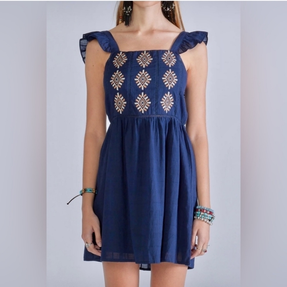 MISS ME Embroidered Ruffle Trim Mini Dress,  sleeveless SZ L NWT - Picture 3 of 12